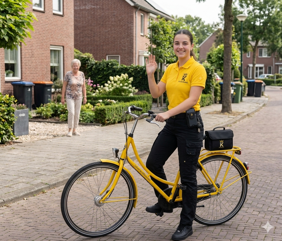 Zoija op de gele fiets in de wijk